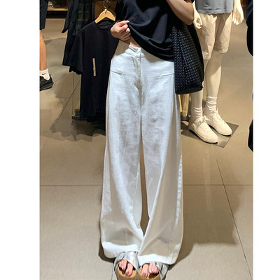 白色亚麻阔腿裤女春秋202