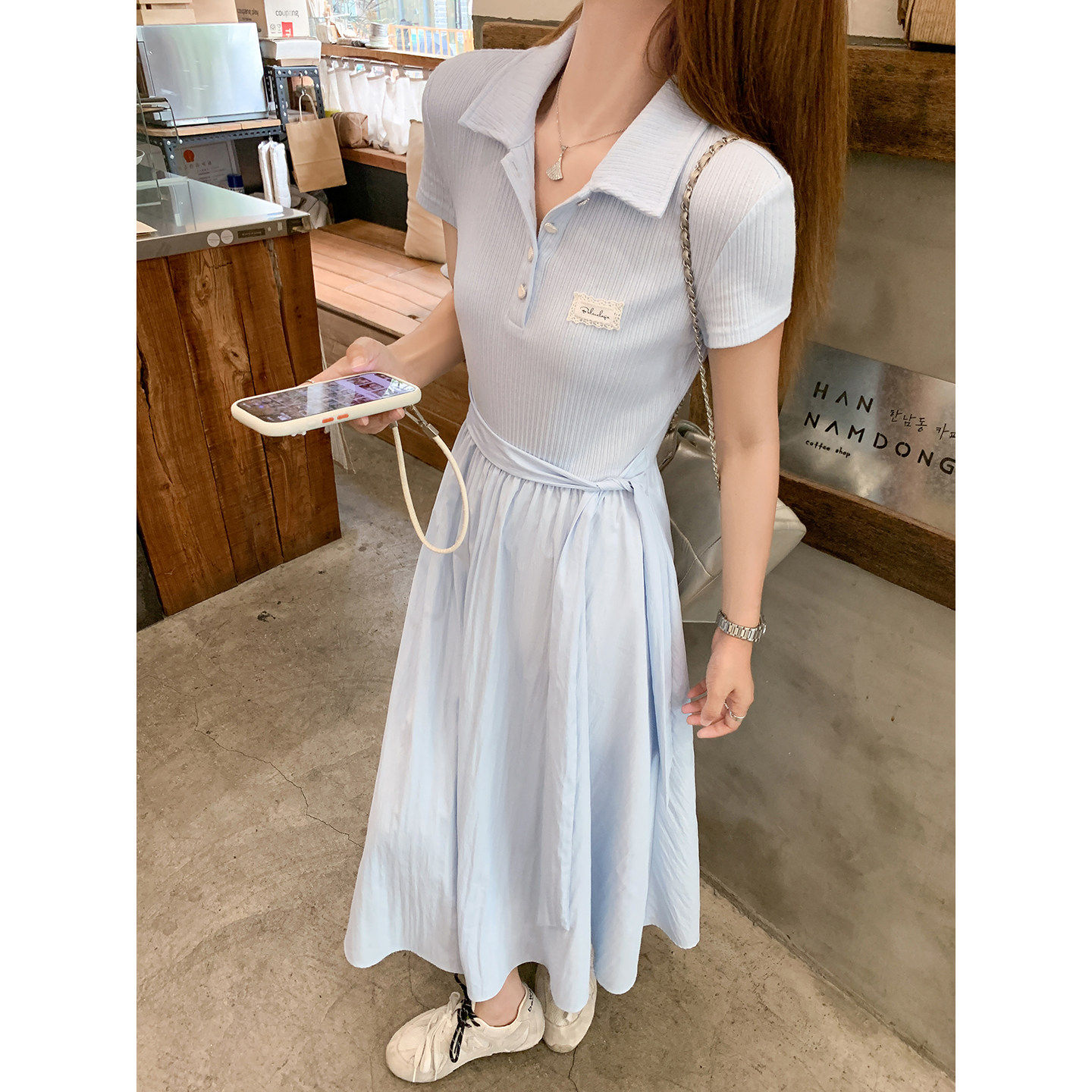 曾小咸 蓝色polo领短袖洋装女夏季巨好看显瘦a字收腰连身长裙子