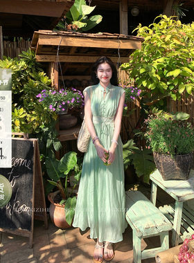 凌茜恣禾 春风'莱赛尔蕾丝掐腰洋装女夏季法式绿色罩衫吊带长裙