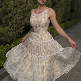 复古丝光仿真丝欧根纱小碎花赫本风蓬蓬裙 vintage原创 palais
