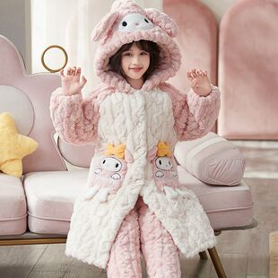 珊瑚绒女童睡衣冬季卡通连帽加厚三层夹棉中大童可外穿家居服套装