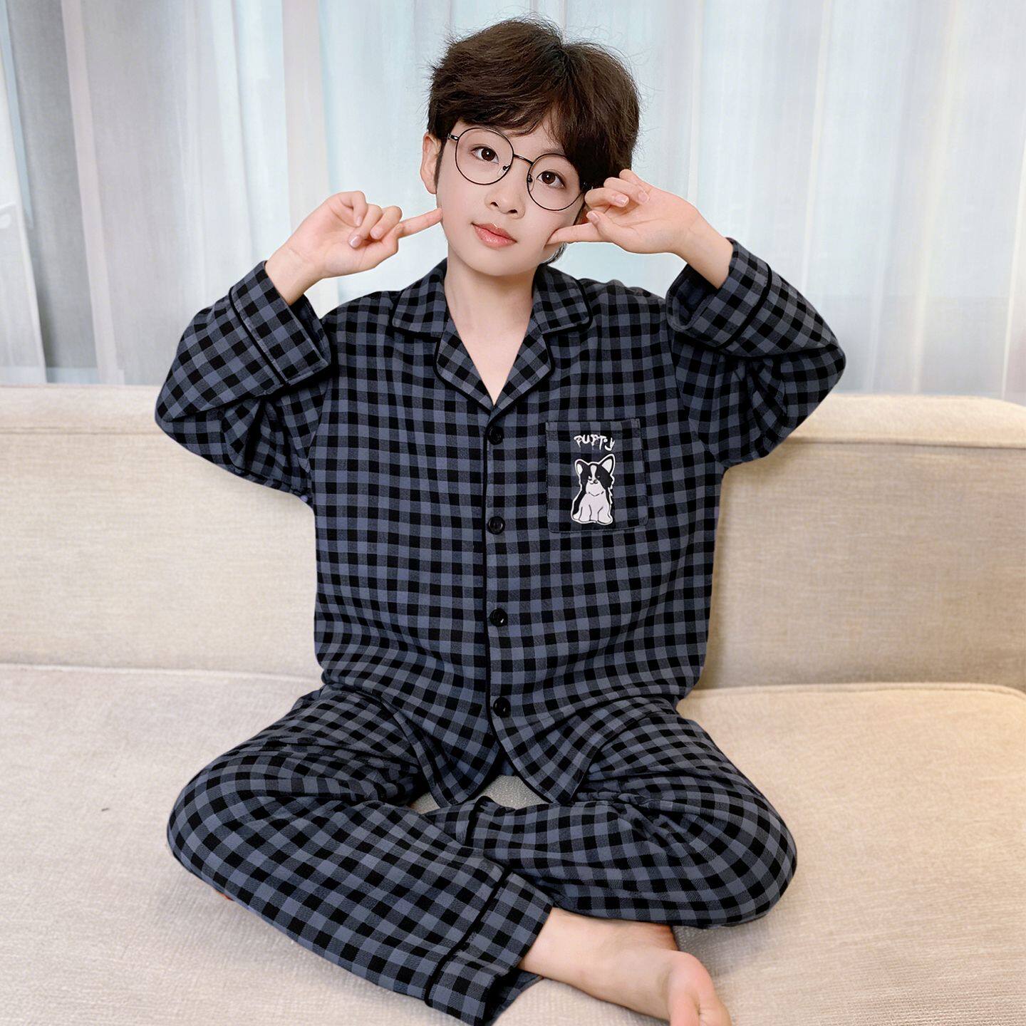 2026新款儿童睡衣男孩纯棉春季长袖翻领格子男童中大童家居服套装