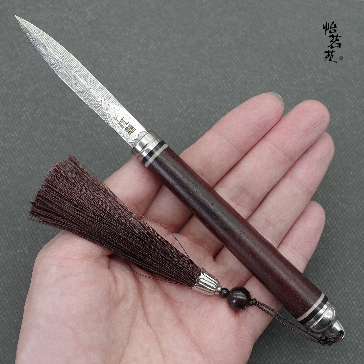 江龙大马士革钢茶刀 小叶紫檀手柄手工茶针 普洱开茶器茶席配件