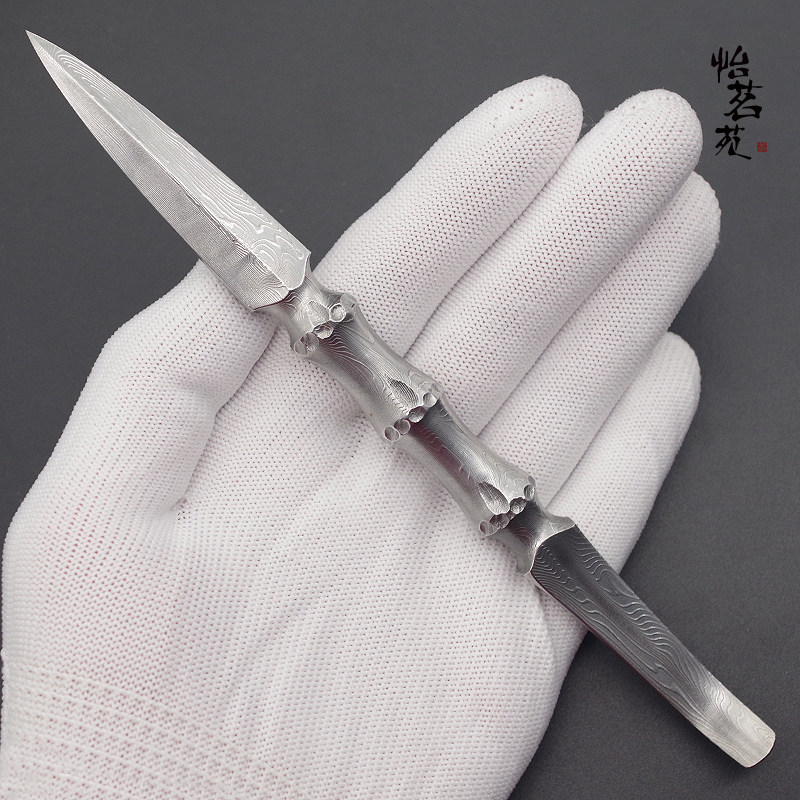 龙泉手工锻打不锈大马士革花纹钢撬普洱茶刀针茶勺匙一体开砖工具