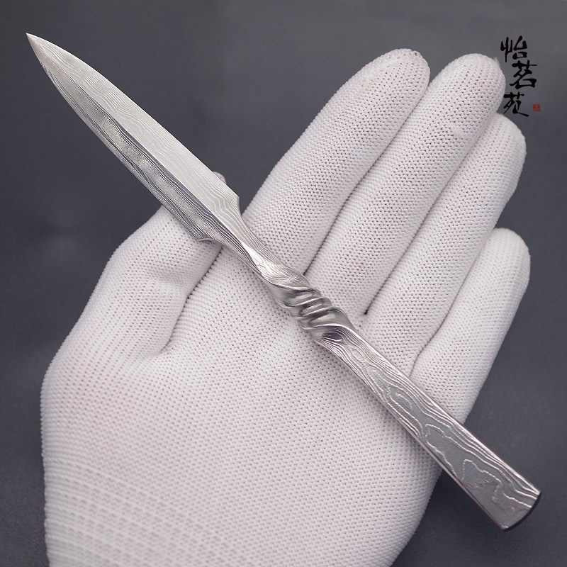 龙泉手工锻打银白不锈大马士革花纹钢撬黑茶普洱饼茶刀开茶砖茶针