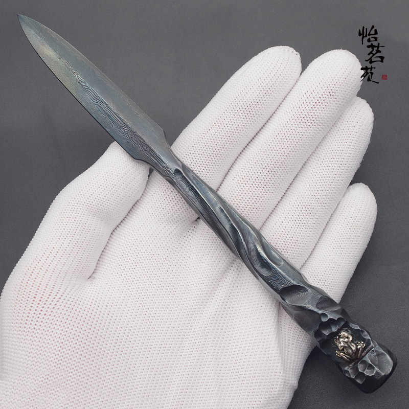 龙泉手工银青蛙百炼花纹钢撬普洱茶刀茶针切茶饼开茶砖专用道工具