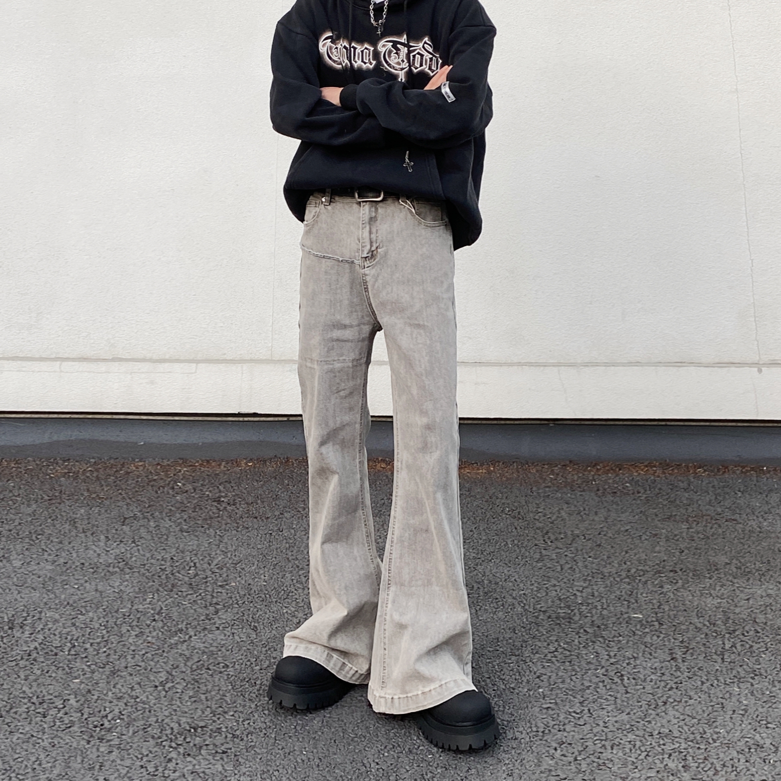 水洗做旧拼接牛仔裤微喇叭长裤