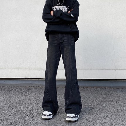 美式高街复古拼接牛仔裤男cleanfit直筒微喇叭潮牌vibe设计感裤子