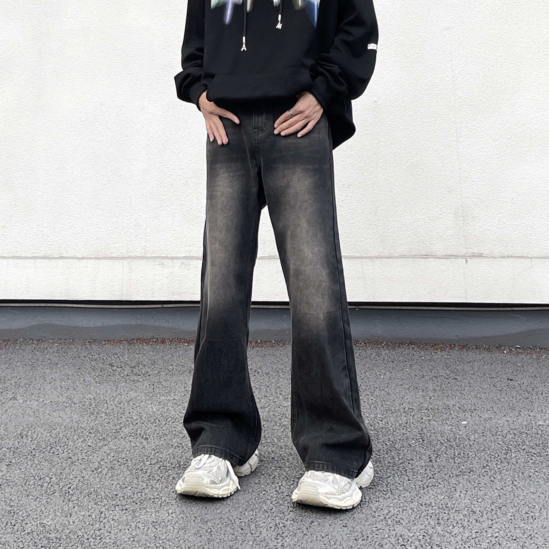 复古水洗做旧牛仔裤男宽松微喇叭