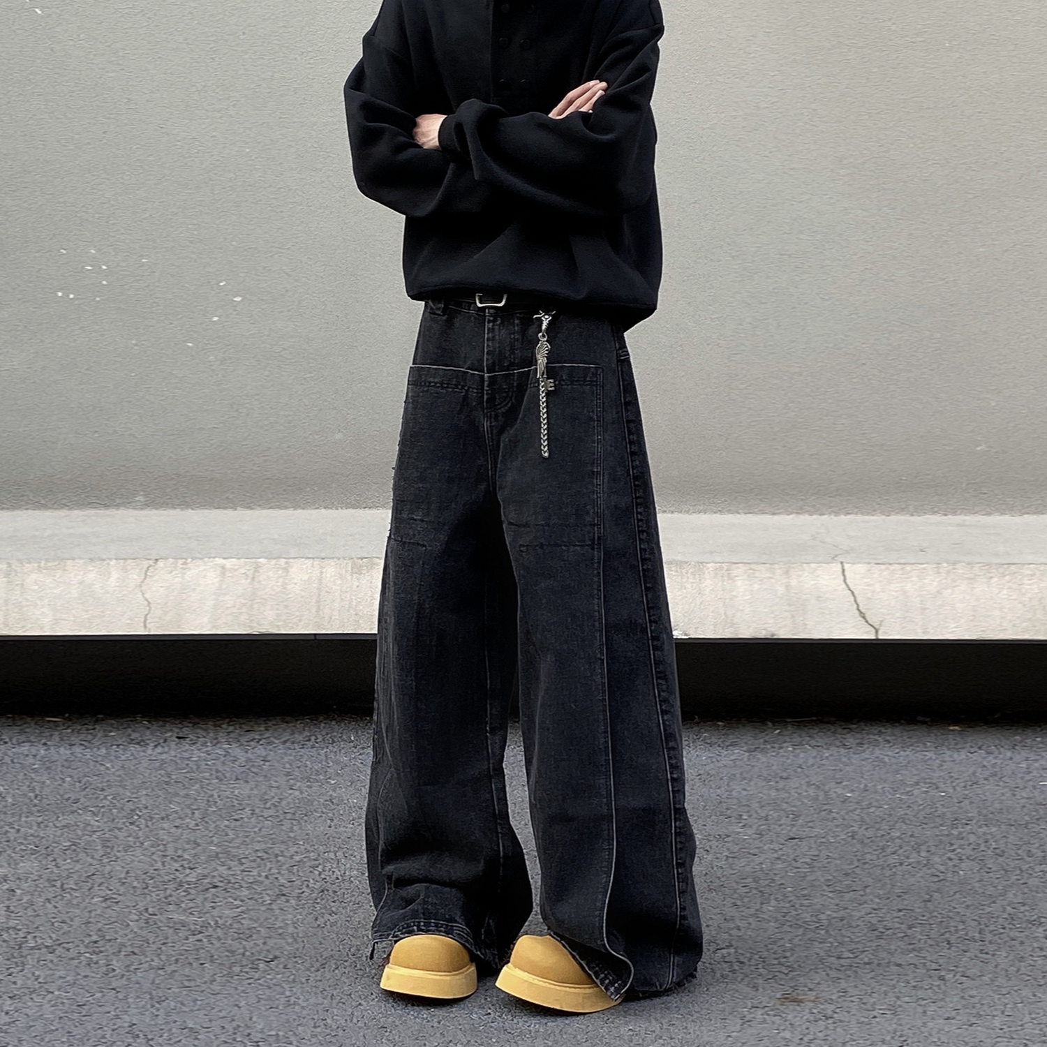 拼接解构水洗做旧牛仔裤拖地长裤