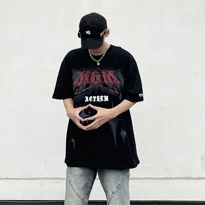 高街美式嘻哈印花短袖t恤男oversize设计感重磅宽松潮牌痞帅上衣
