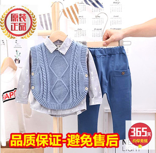 长袖 跨境2020新款 韩版 男童纯棉衬衫 中小童毛衣马甲背心休闲三件套