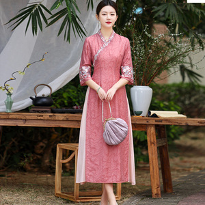 改良版旗袍日常夏秋茶艺茶服古风禅意刺绣奥黛国风V领连衣裙精致
