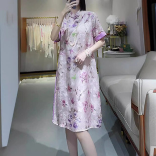 新中式 时尚 人丝提花改良旗袍国风宽松遮肉百搭减龄连衣裙 新款 夏季