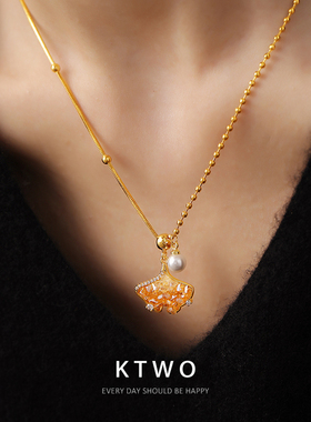 国风中古银杏叶吊坠项链女小众渐变晶石设计轻奢k金色高级锁骨链