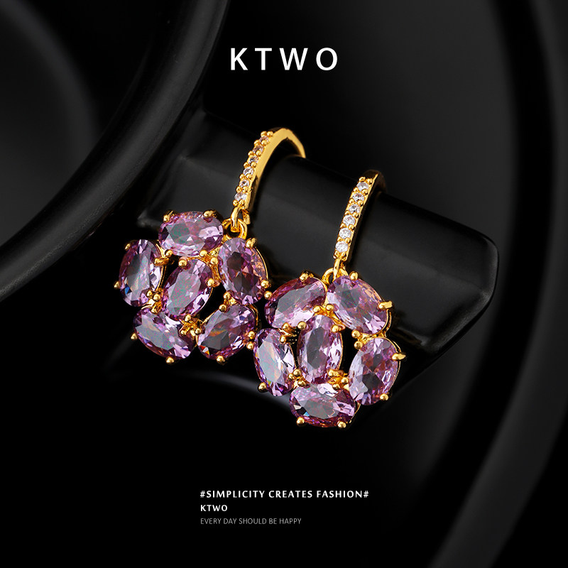 紫色锆石花朵耳坠耳环女小众k金色轻奢耳钩设计时尚大气耳钉耳饰