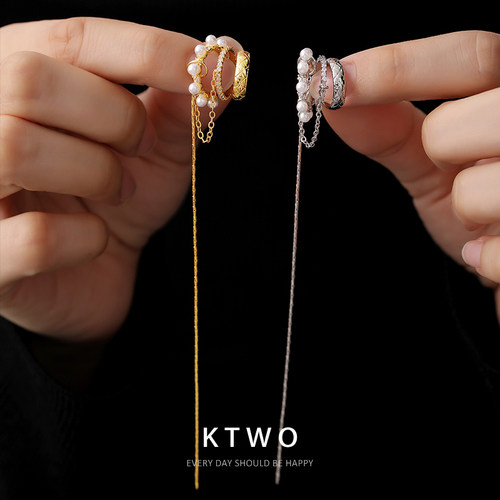 时髦新款多层珍珠耳夹银色耳环女小众流苏单只设计k金色耳坠耳饰