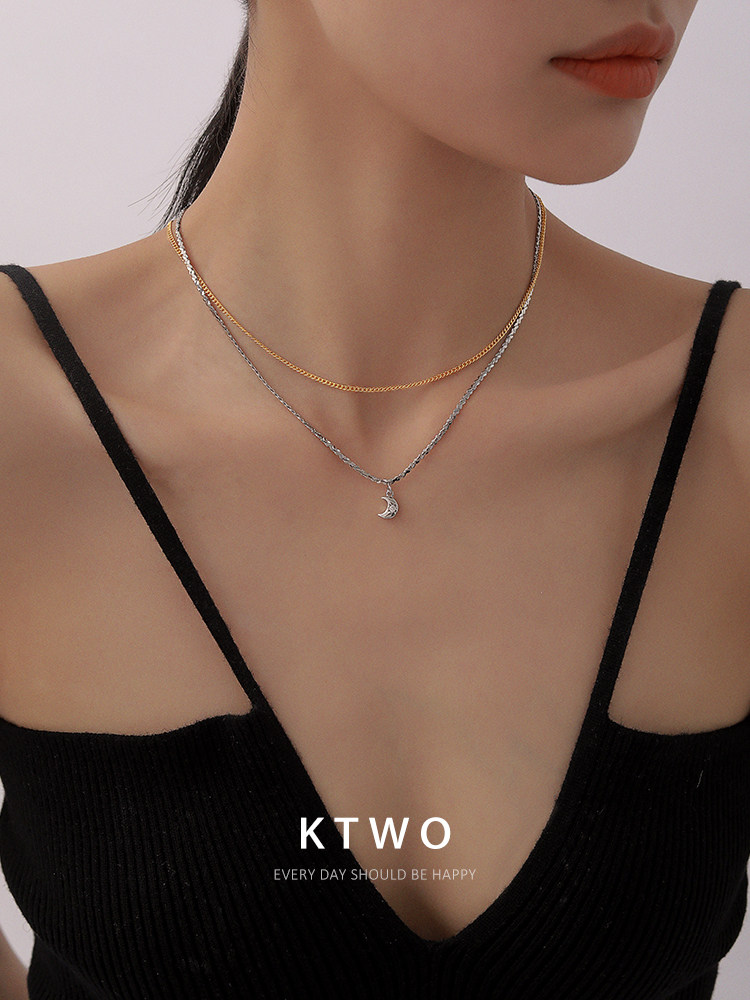 双层叠戴项链女小众高级感ins潮冷淡风镀18k金轻奢月亮吊坠锁骨链