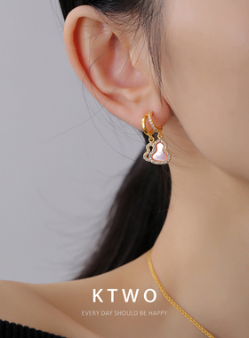 国风葫芦耳坠耳钉女小众新中式设计轻奢锆石k金色贝壳耳饰925银针