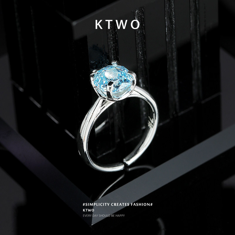 新款轻奢高级冰川蓝锆石开口戒指女生银色指环食指戒时尚饰品首饰