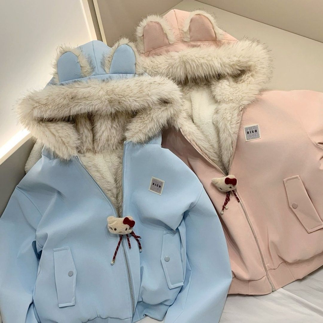 1828兔耳朵连帽羊羔绒棉衣女冬季加厚保暖宽松外套
