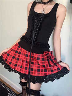 暗黑系绑带黑色无袖吊带背心女夏季修身显瘦蕾丝花边辣妹束腰上衣