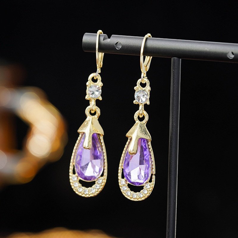 紫水晶气质水滴耳环女2024新款潮耳扣简约时尚小众设计感耳坠