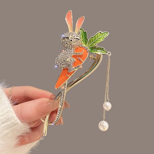 可爱胡萝卜兔子扭扭夹春夏新款流苏珍珠发夹一字发扣后脑勺弹簧夹