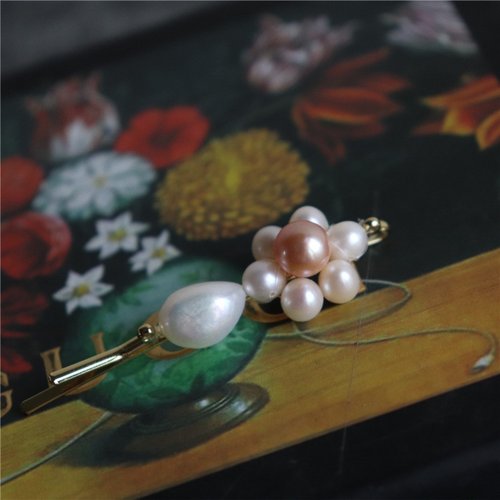 SUU手作 淡水珍珠异彩巴洛克编织花朵发夹日气质优雅包金一字边夹