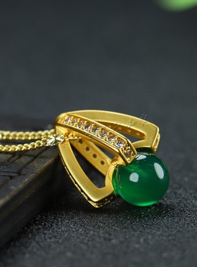 天然A货冰种玉髓镂空吊坠镀24k真金挂件女款帝王绿玛瑙镂空项链