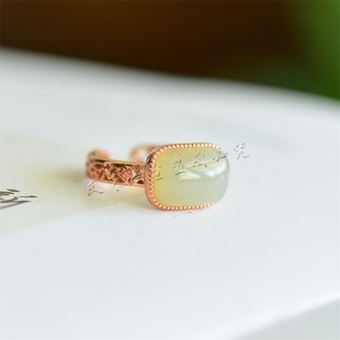 新疆天然和田玉且末蓝方形925银戒指女款镶嵌指环时尚百搭活口款