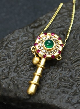 天然A货高冰帝王绿玉髓吊坠镀24k真金拨浪鼓挂件女款玉石玛瑙项链