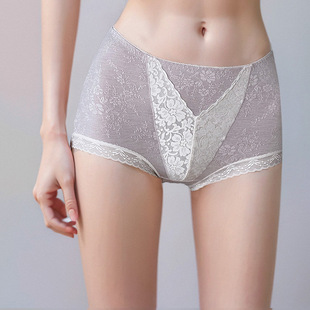 桑蚕丝真丝底裆全包臀三角塑身裤 提花性感中腰蕾丝女士三条装 内裤