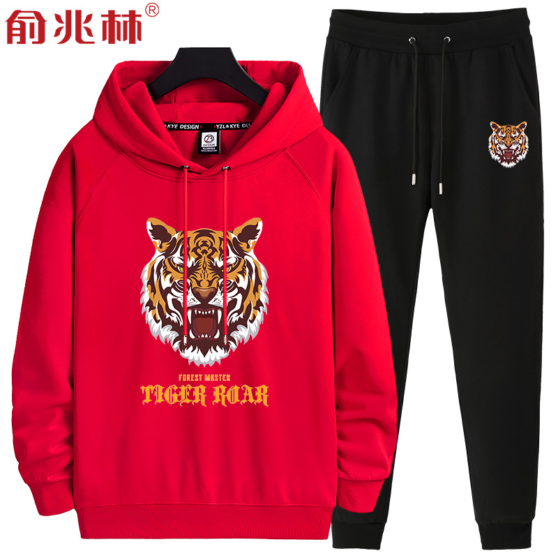 虎头卫衣男本命年虎年衣服2022大红色老虎连帽卫衣套装宽松大码潮