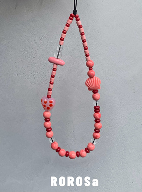 ROROSa原创设计粉色贝壳爱心手机链串珠挂绳ccd相机链挂饰挂链