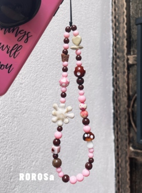 ROROSa原创设计张婧仪同款粉色手机链奶咖蘑菇串珠相机挂饰挂绳