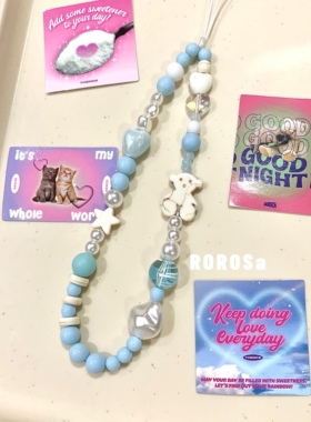 ROROSa原创手工baby蓝色小熊手机链爱心ccd相机挂绳串珠挂饰件ins