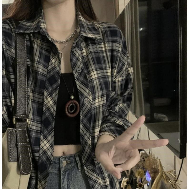 盐系格子长袖防晒衬衫女春秋季新款设计感风宽松中长款上衣潮