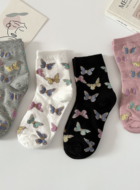 复古蝴蝶中筒袜子女士百搭甜美春季潮流长袜ins学院运动可爱棉袜