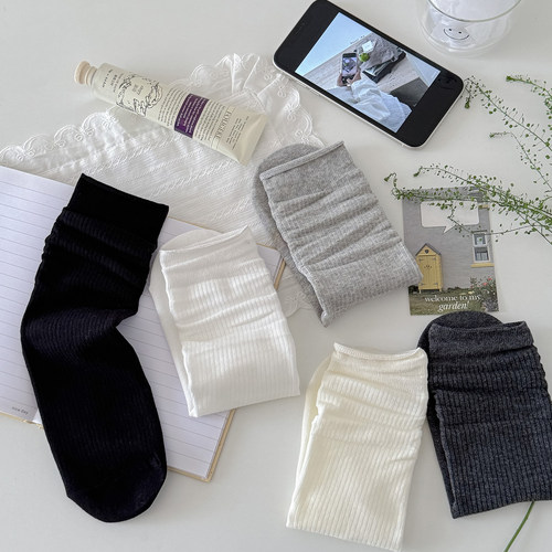 春季纯棉简约堆堆中筒袜女