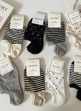 日系条纹船袜女夏季薄款ins潮流纯棉圆点防滑隐形短袜子夏天百搭