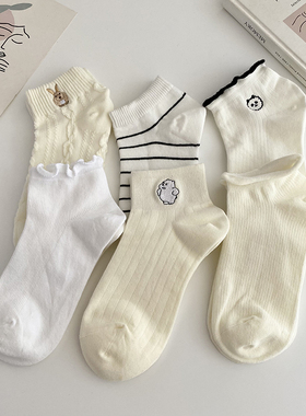 日系刺绣小熊白色短袜女学生可爱甜美春秋木耳边卷边低帮浅口袜子