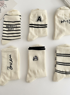 袜子女中筒秋冬ins潮米色字母条纹情侣运动长袜春夏薄学院风百搭