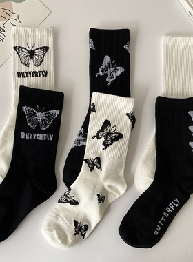 蝴蝶袜子女中筒袜棕榈天使ins潮流黑白色日系百搭长筒袜网红春秋
