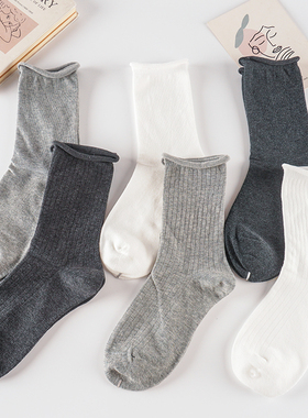 基础简约百搭纯色卷边堆堆袜子女士秋季日系韩版ins潮流中筒灰色