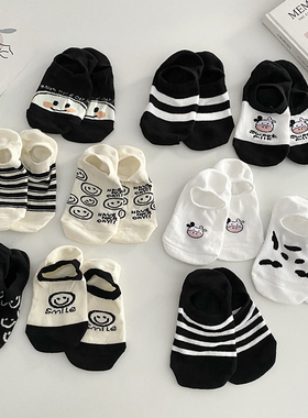 日系卡通笑脸船袜女士夏季薄款黑色可爱小牛浅口不掉跟隐形短袜子