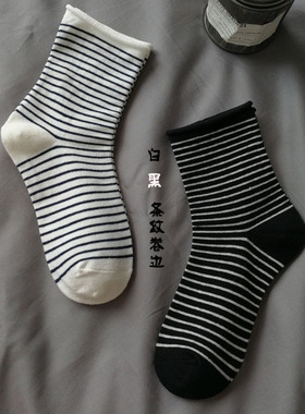 韩版ins潮流黑白条纹卷边袜子男女学生原宿风堆堆袜中长筒秋冬