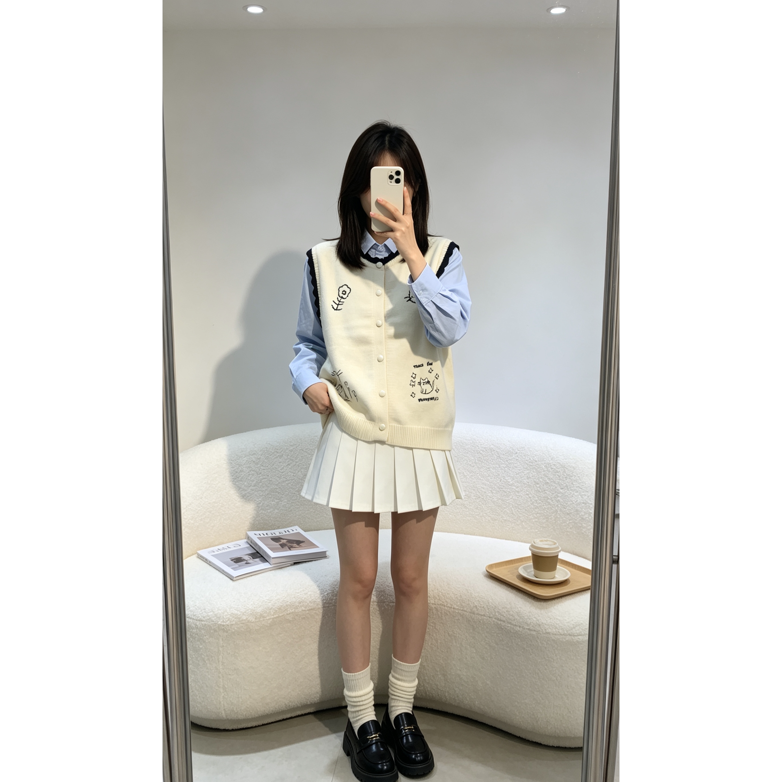 学院风卡通刺绣针织马甲女米白色无袖叠穿背心减龄百搭上衣