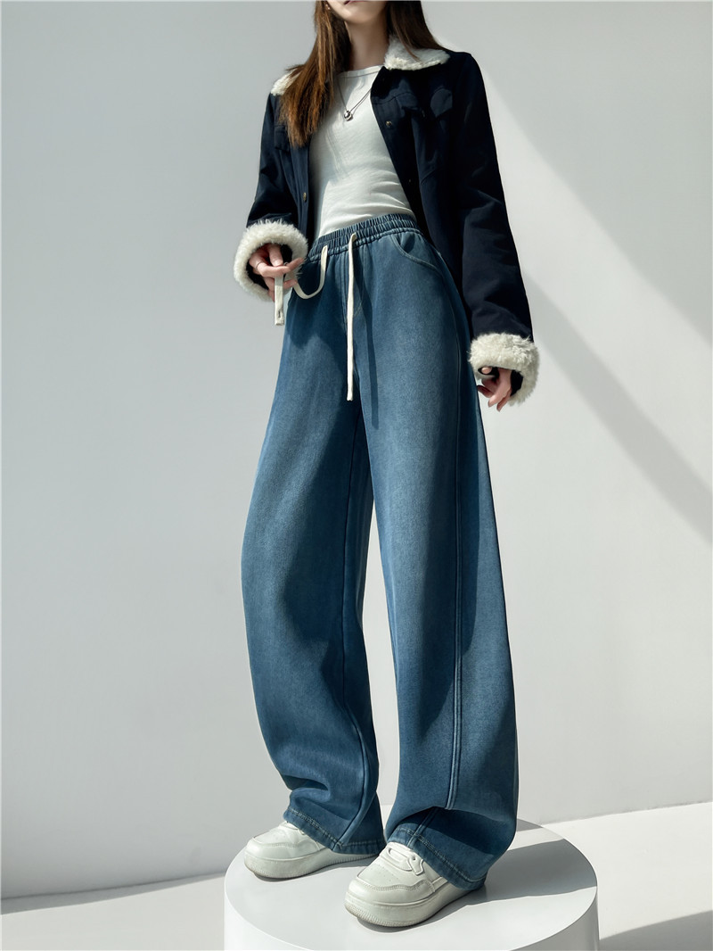 加绒加厚莱赛尔牛仔弯刀裤女秋冬保暖高腰宽松显瘦休闲直筒长裤子