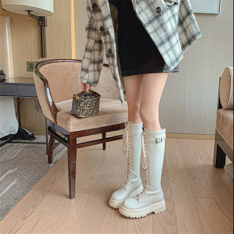 厚底长靴女系带小个子高跟松糕底软皮百搭秋冬季新款高筒靴骑士靴